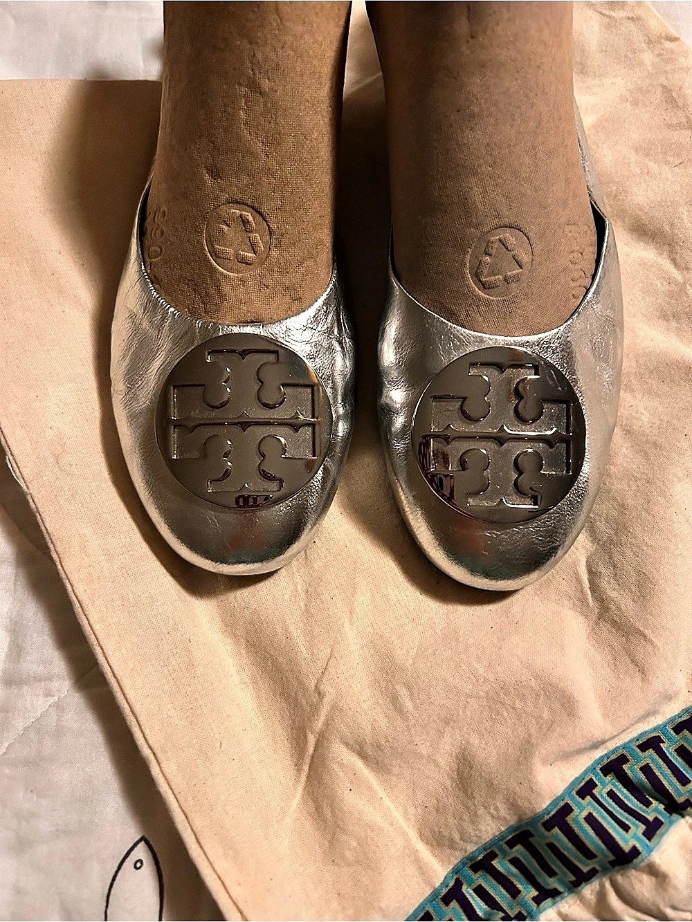 Tory Burch Minnie Travel Ballet Flat Metallic Silver Flats sz 9